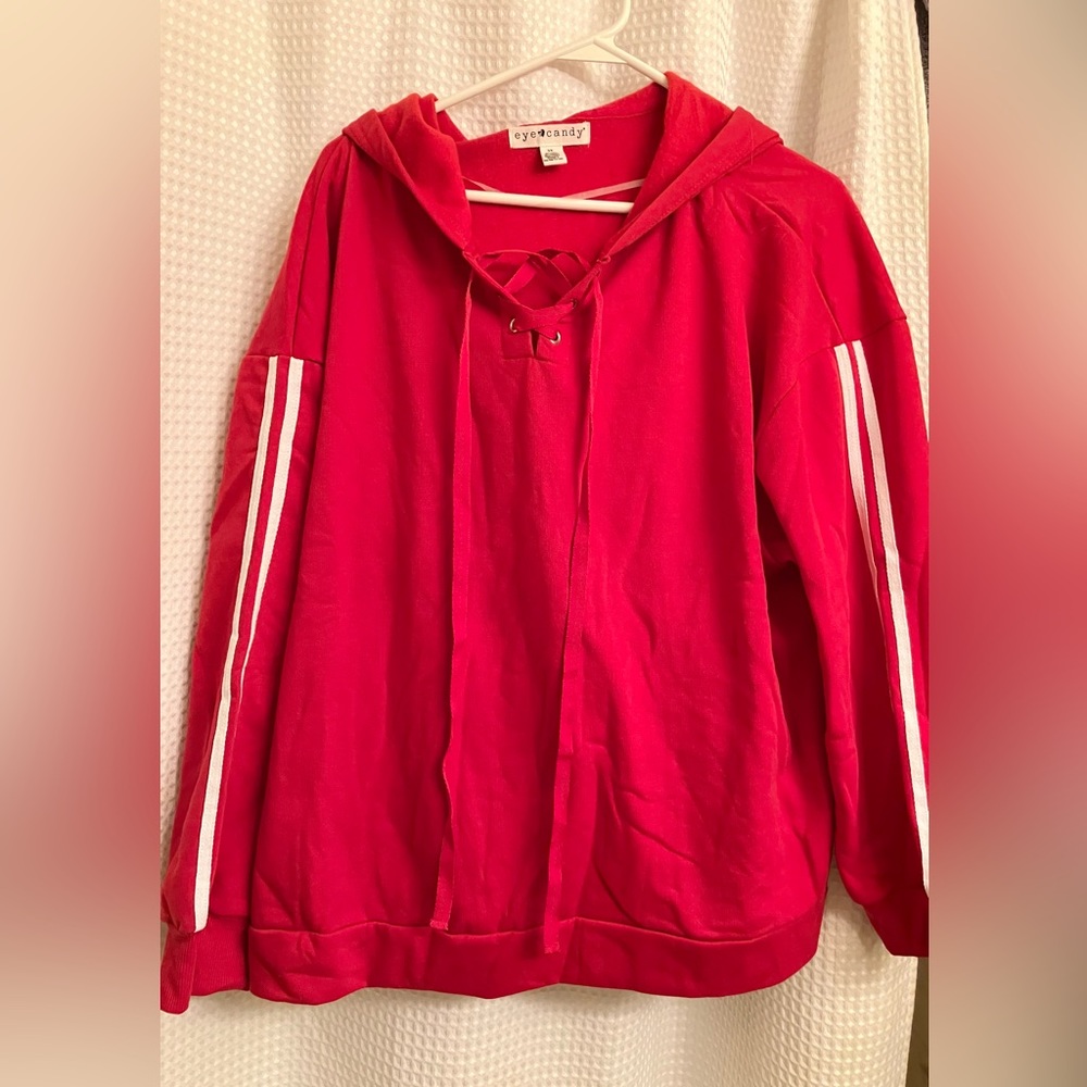 Plus size pullover hoodie, lattice laced neck